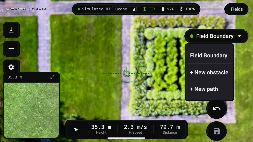 Switching between field boundary, obstacle and path modes in Vekta Fields without leaving the flight view